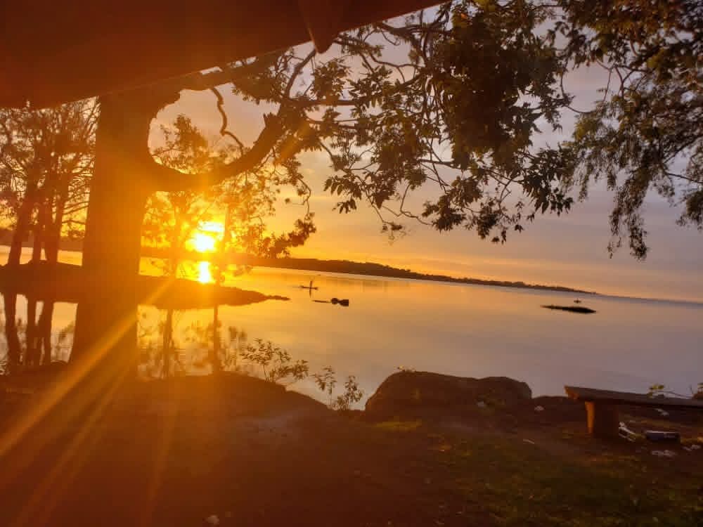 Golden sunset over a Ugandan lake surrounded by peaceful landscapes during a safari adventure
