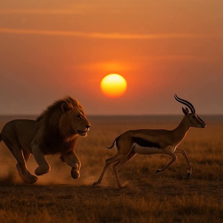 Lion chasing an antelope across golden savannah grasslands during a wildlife safari.