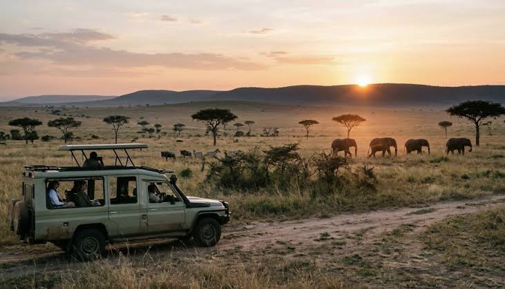 4x4 safari vehicle travelling to Bwindi Impenetrable National Park on a red dirt road at sunrise in Uganda.