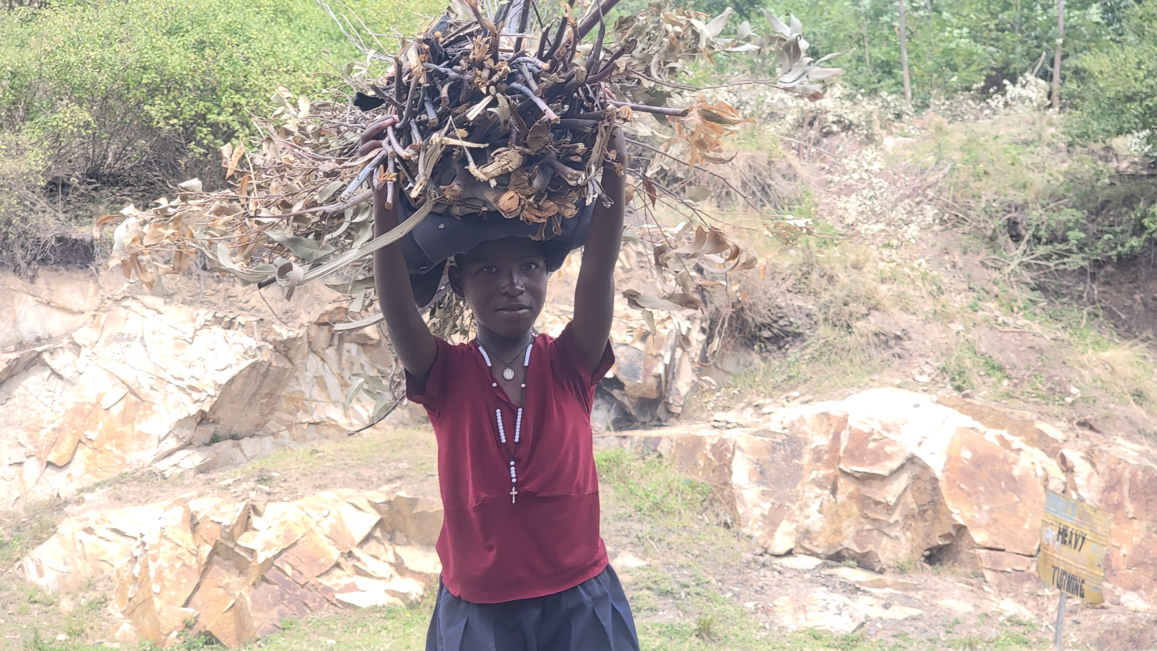 A young girl heading home carrying firewood