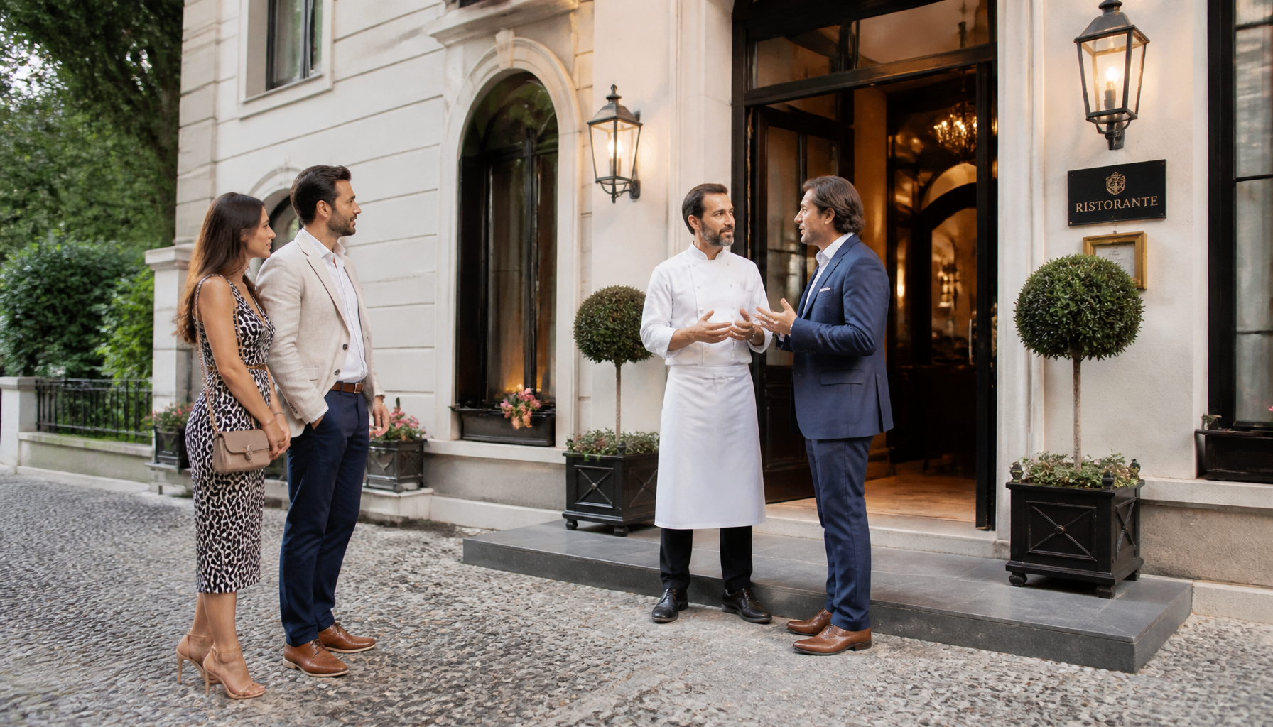 What a Travel Advisor Does on a Custom International Trip 3 Chef in white apron and suited man greeting a couple